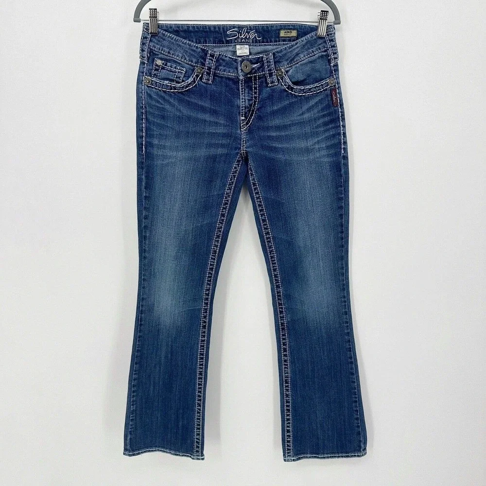 Silver Jeans Aiko Bootcut Sz 29x31 Medium Wash Low Rise Zip Fly Stretch Contrast